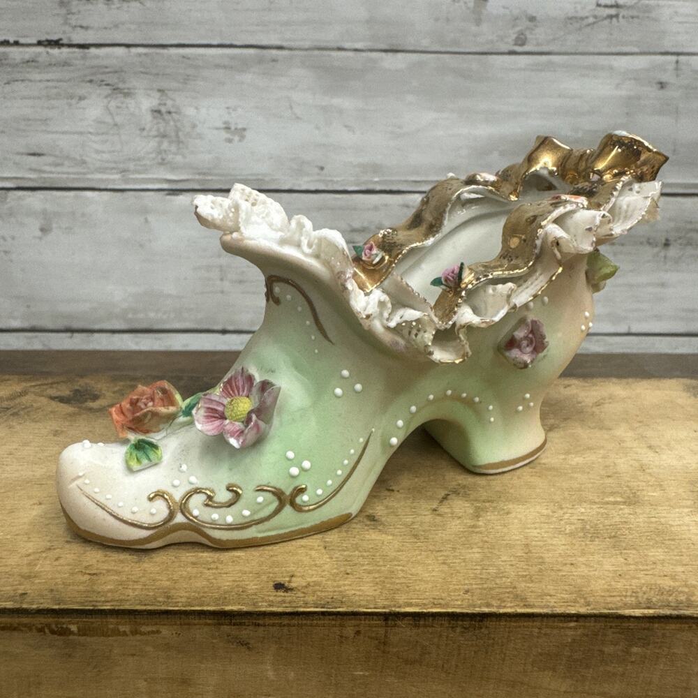 Antique Collectible Dresden Lace German Bisque Porcelain Floral Shoe-Pastel G413